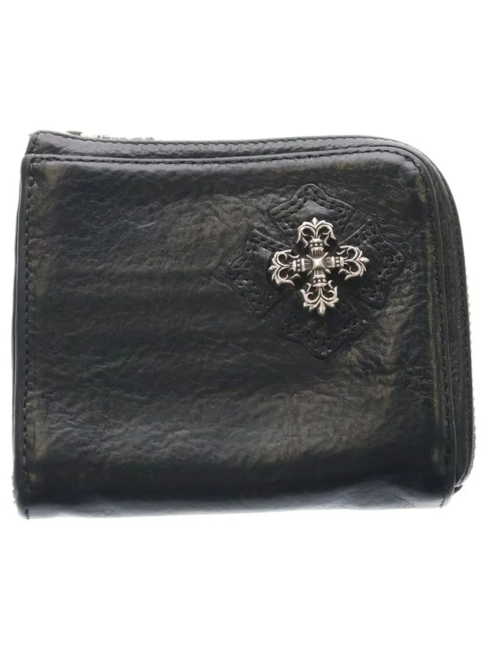 Chrome Hearts Filigree Cross Half Zip Leather Wallet Black Silver